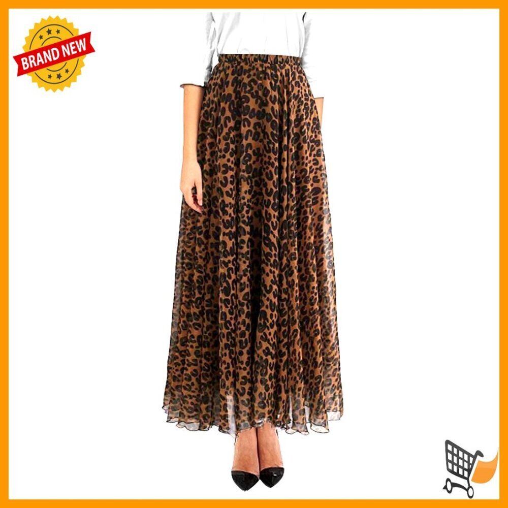 Maxi Skirt High Waisted Elastic Waist Asymmetric Hem Boho Animal Print Chiffon